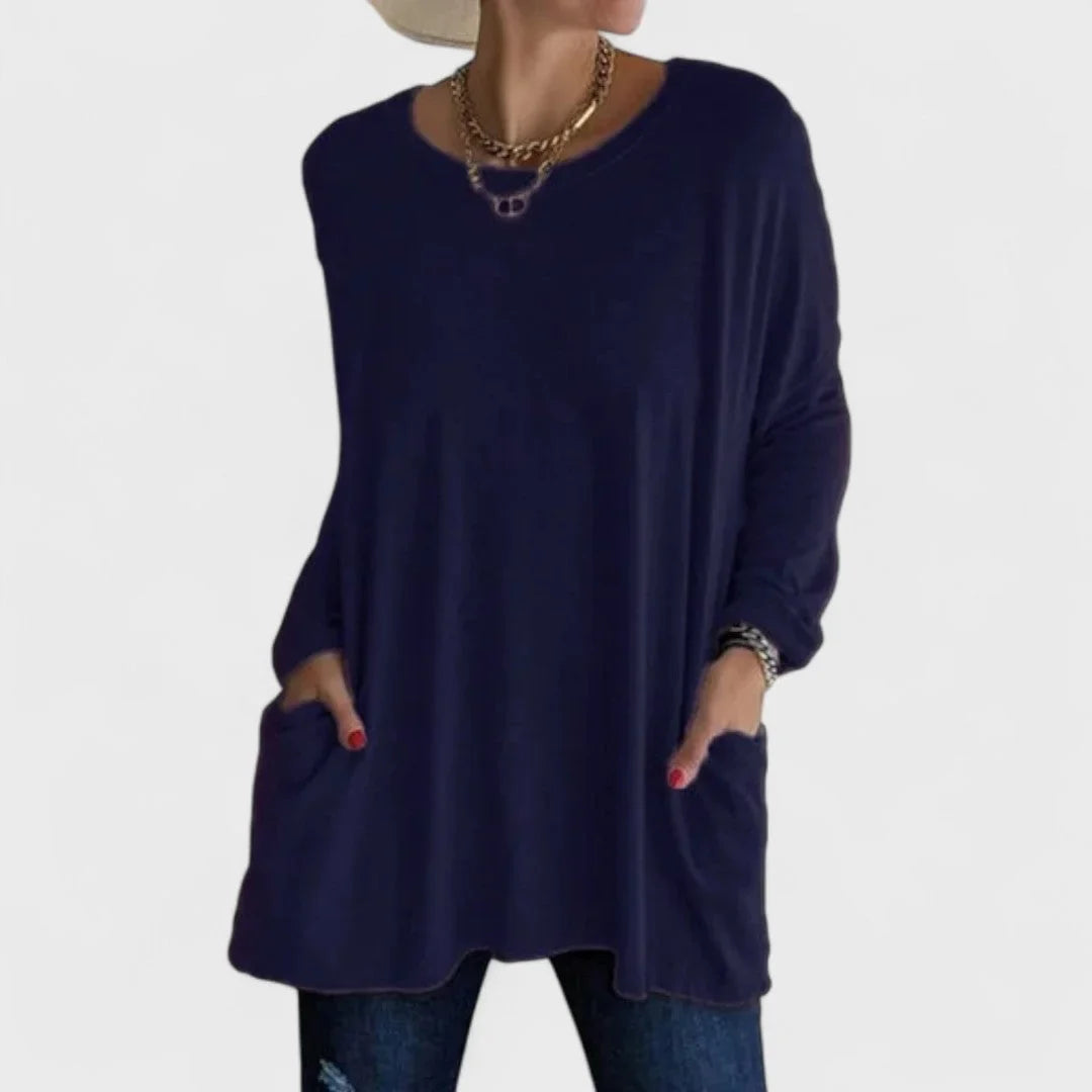 Women's cotton crew neck sweatshirt with front patch pockets – Dark Blue