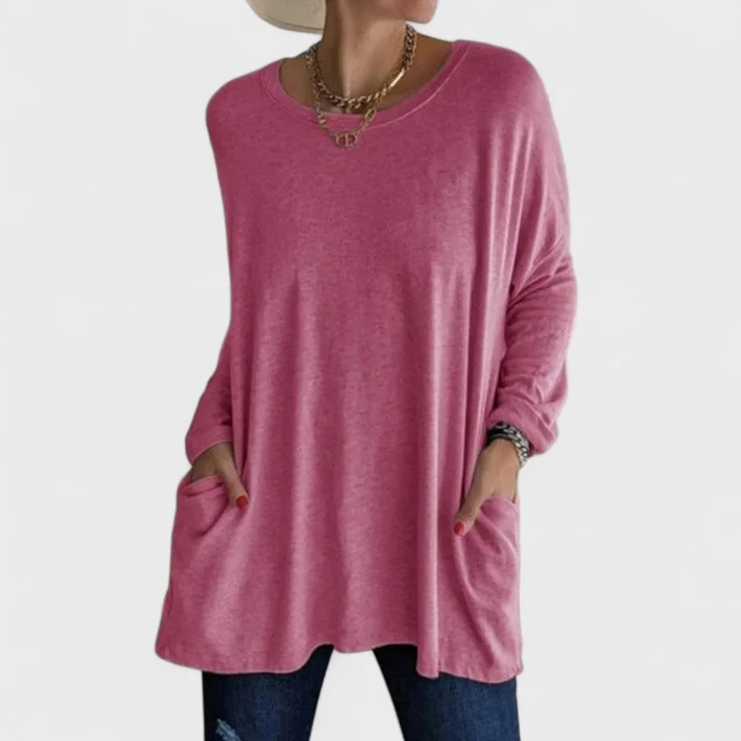 Women's cotton crew neck sweatshirt with front patch pockets – Dark Pink