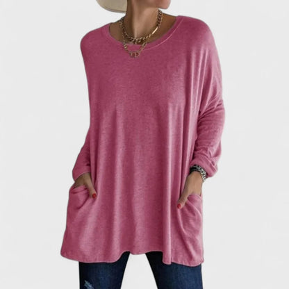 Women's cotton crew neck sweatshirt with front patch pockets – Dark Pink
