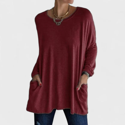 Women's cotton crew neck sweatshirt with front patch pockets – Dark Red