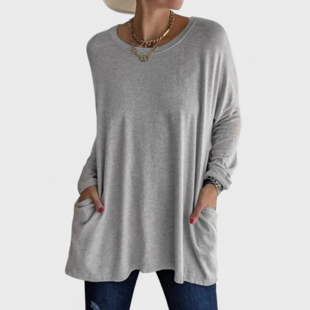 Women's cotton crew neck sweatshirt with front patch pockets – Grey