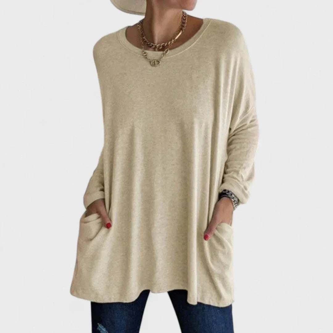 Women's cotton crew neck sweatshirt with front patch pockets – Khaki