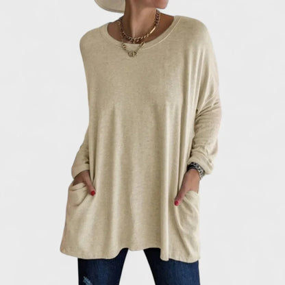Women's cotton crew neck sweatshirt with front patch pockets – Khaki