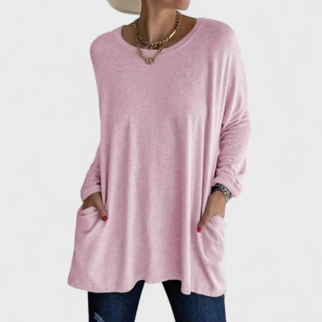 Women's cotton crew neck sweatshirt with front patch pockets – Pink