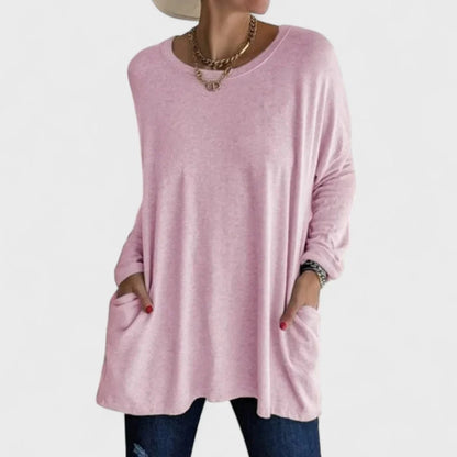 Women's cotton crew neck sweatshirt with front patch pockets – Pink