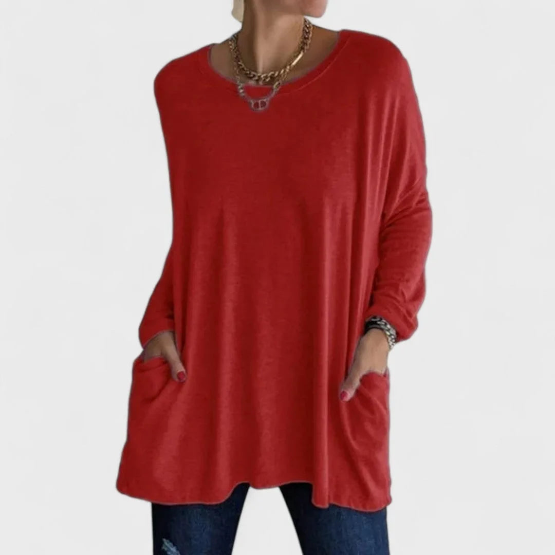 Women's cotton crew neck sweatshirt with front patch pockets – Red