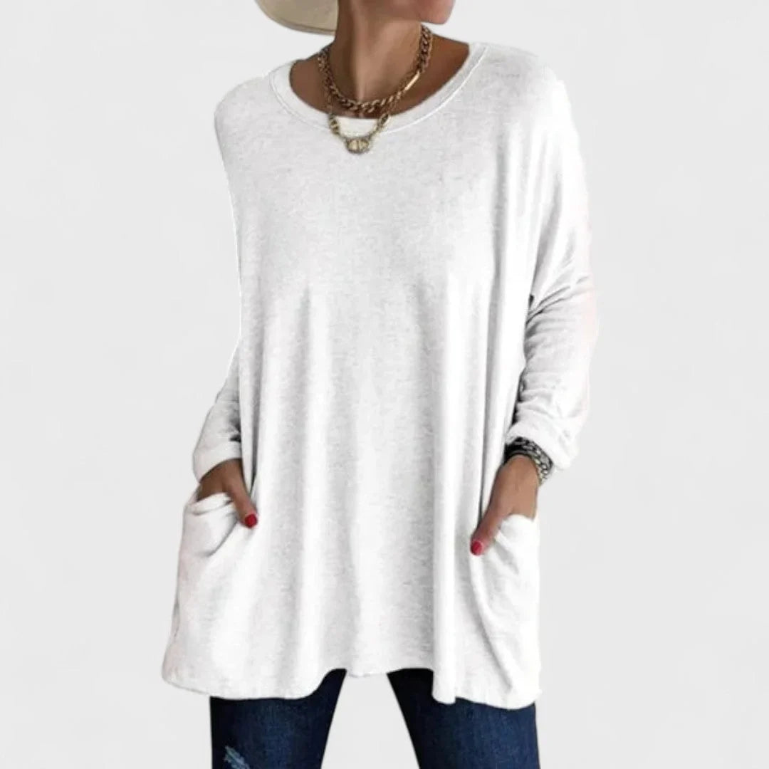Women's cotton crew neck sweatshirt with front patch pockets – White