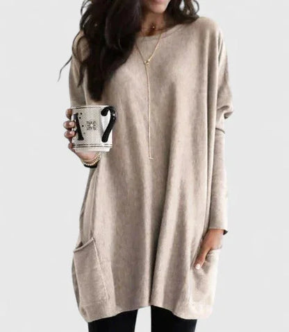 Women's relaxed-fit knit tunic with front pockets – Beige