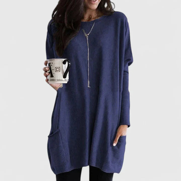 Women's relaxed-fit knit tunic with front pockets – Navy Blue