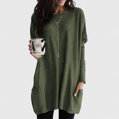 Women's relaxed-fit knit tunic with front pockets – Olive Green