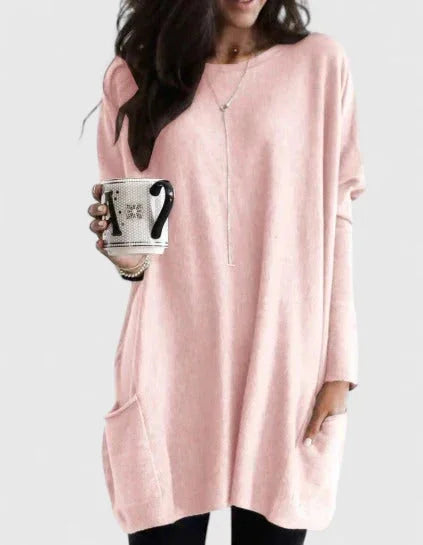 Women's relaxed-fit knit tunic with front pockets – Pink