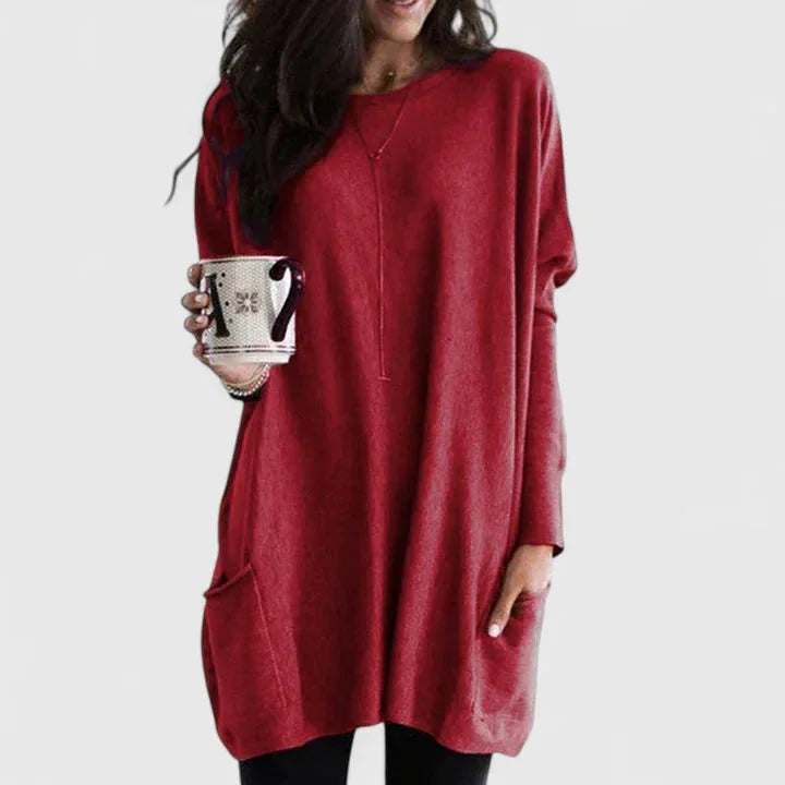 Women's relaxed-fit knit tunic with front pockets – Red