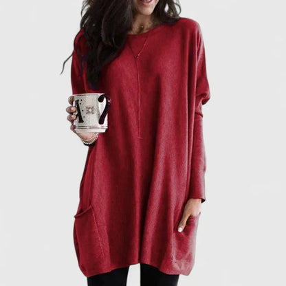 Women's relaxed-fit knit tunic with front pockets – Red