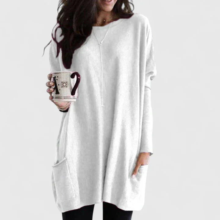 Women's relaxed-fit knit tunic with front pockets – White