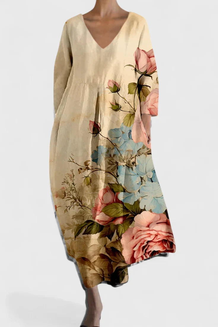 Women's lightweight V-neck maxi dress with flowing silhouette – Beige