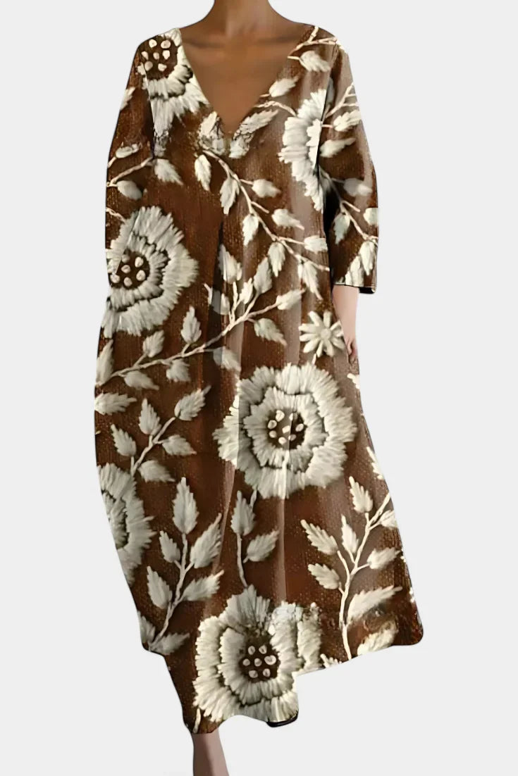 Women's lightweight V-neck maxi dress with flowing silhouette – Brown