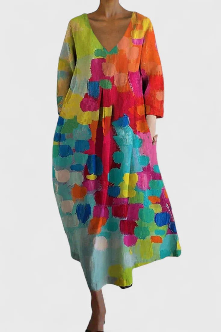 Women's lightweight V-neck maxi dress with flowing silhouette – Multicolor