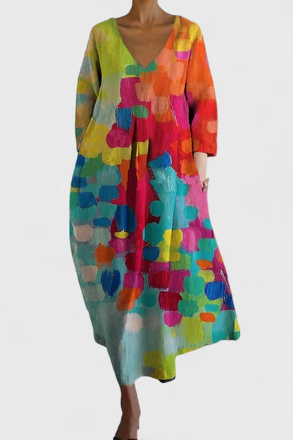 Women's lightweight V-neck maxi dress with flowing silhouette – Multicolor