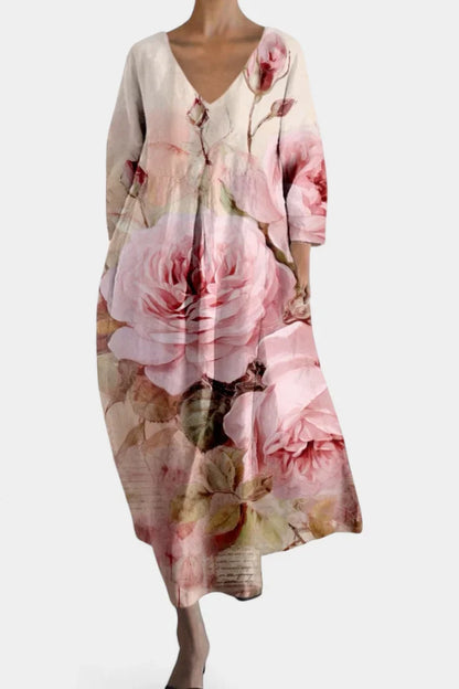 Women's lightweight V-neck maxi dress with flowing silhouette – Pink Flowers