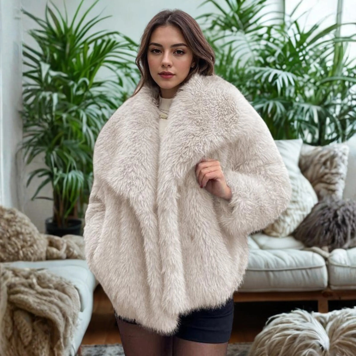 Women's fuzzy collared coat with plush texture – Beige