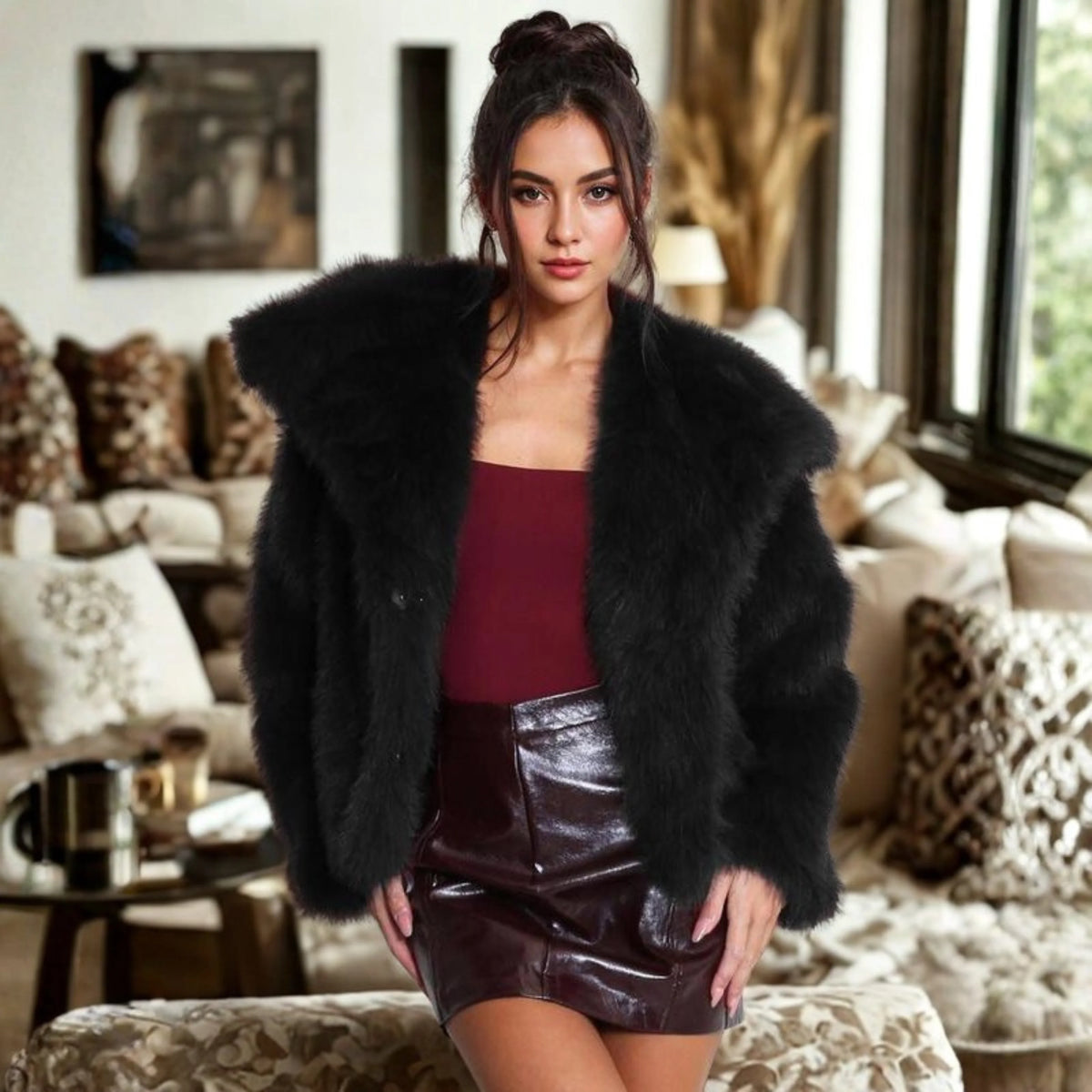 Women's fuzzy collared coat with plush texture – Black