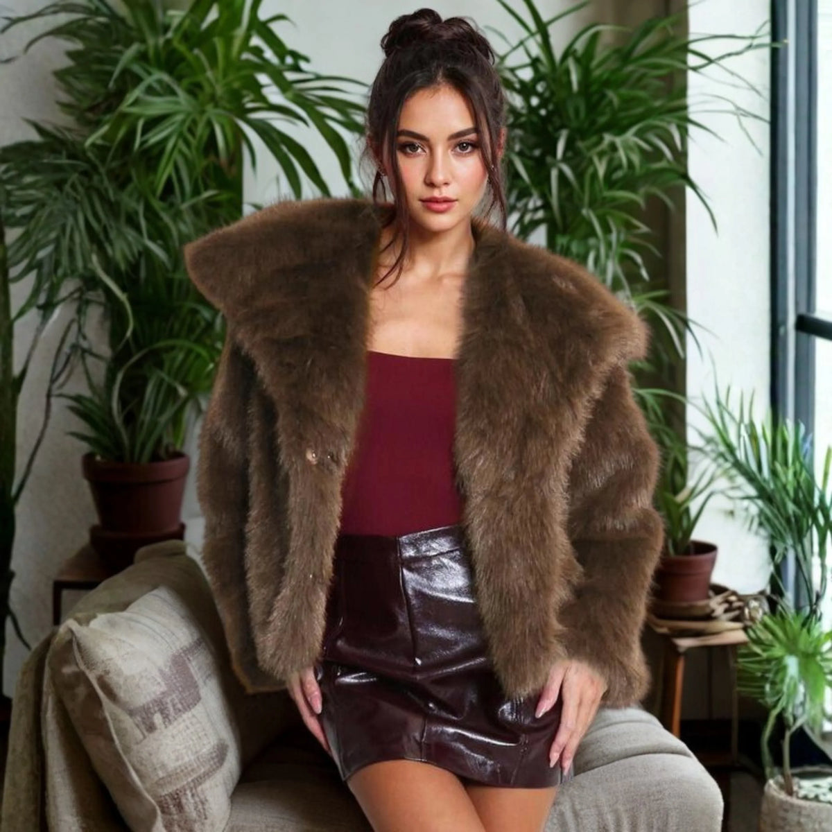 Women's fuzzy collared coat with plush texture – Brown