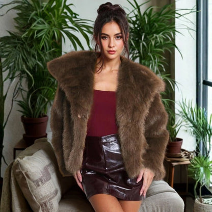 Women's fuzzy collared coat with plush texture – Brown