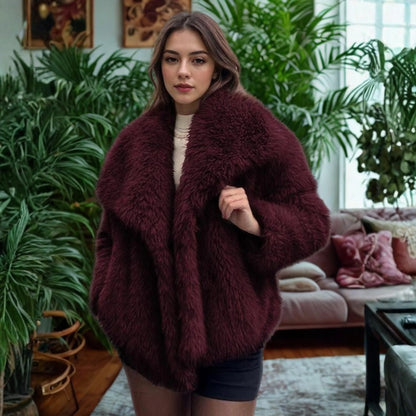 Women's fuzzy collared coat with plush texture – Burgundy