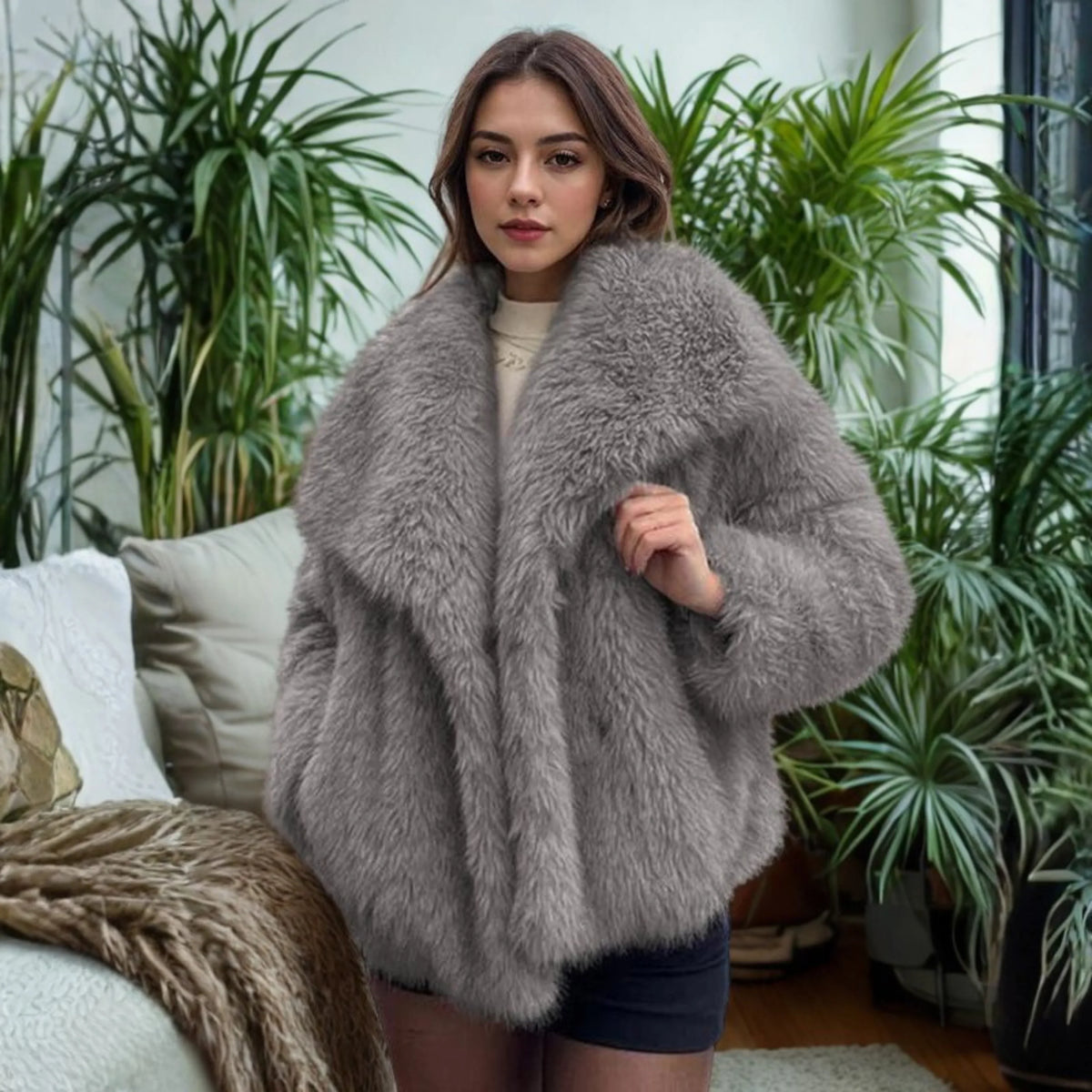 Women's fuzzy collared coat with plush texture – Dark Grey