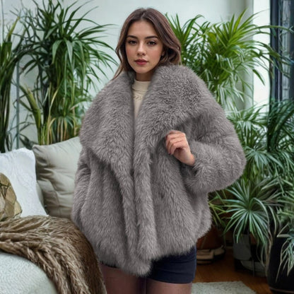 Women's fuzzy collared coat with plush texture – Dark Grey