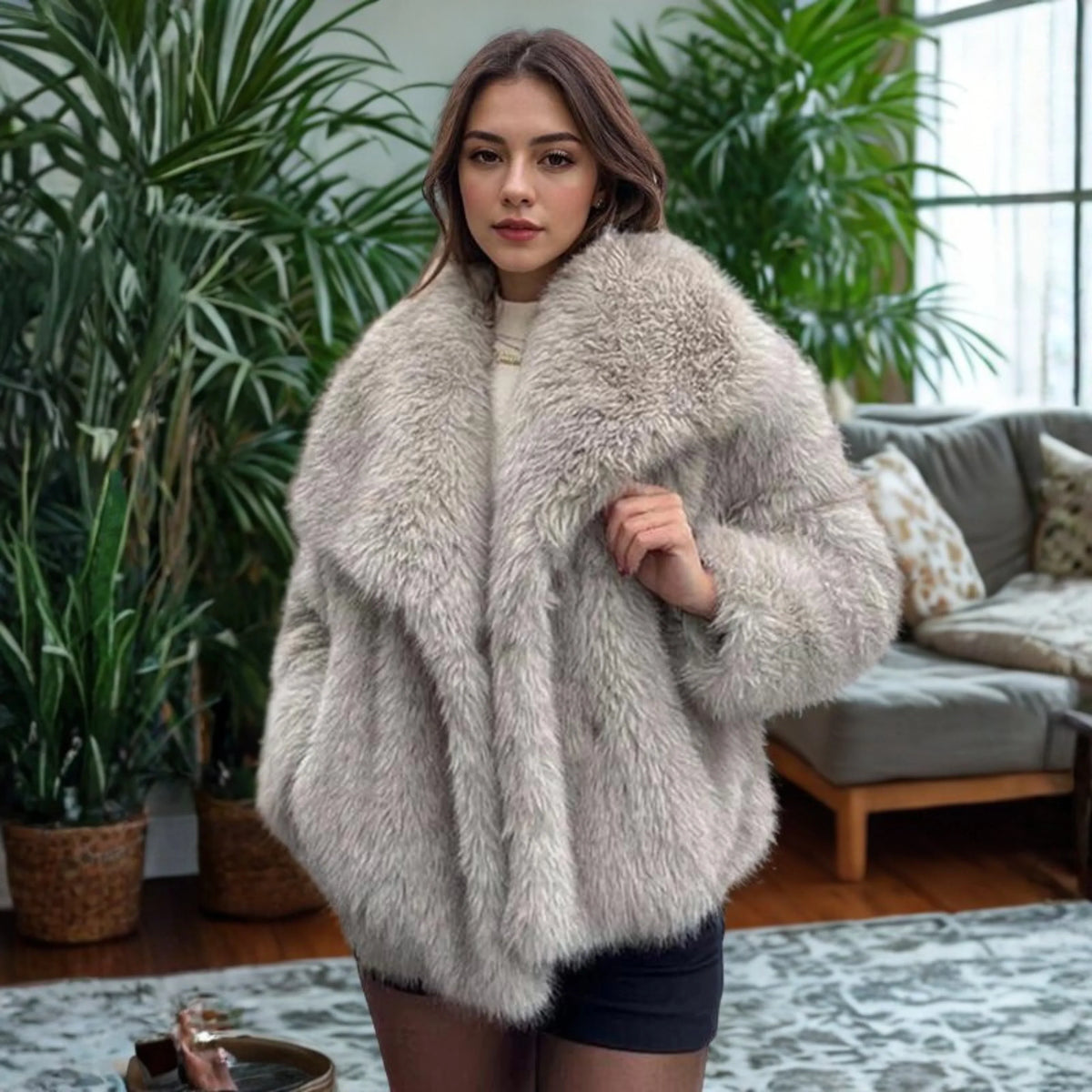 Women's fuzzy collared coat with plush texture – Grey