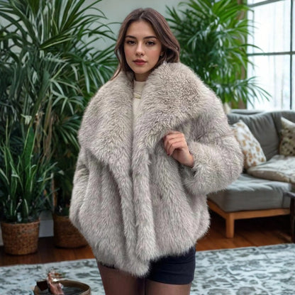 Women's fuzzy collared coat with plush texture – Grey