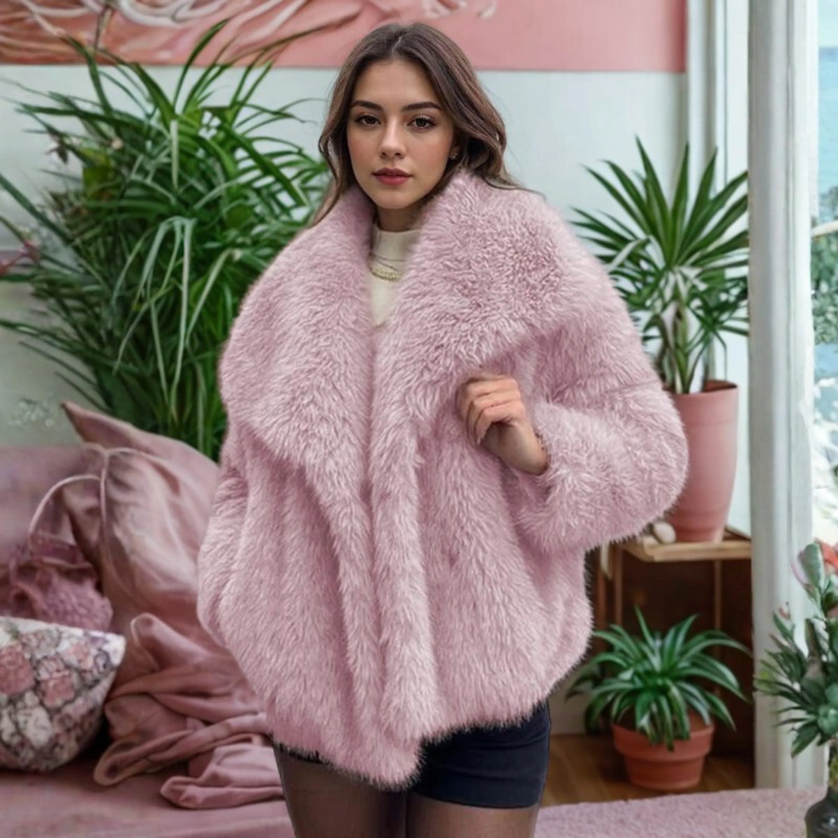 Women's fuzzy collared coat with plush texture – Pink