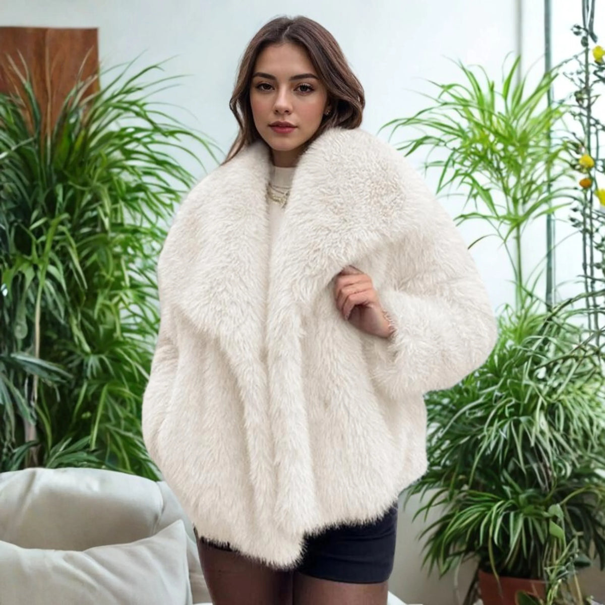 Women's fuzzy collared coat with plush texture – White