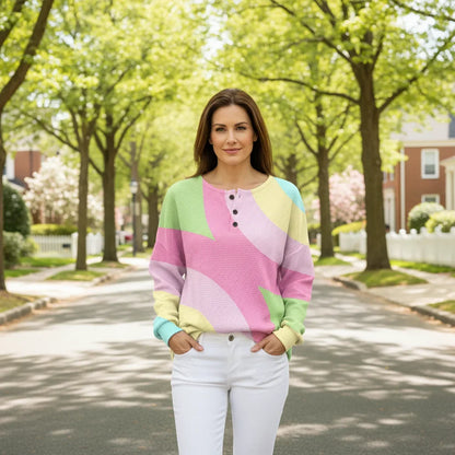 Women's ribbed knit crew neck sweater with colorblock design – Pink