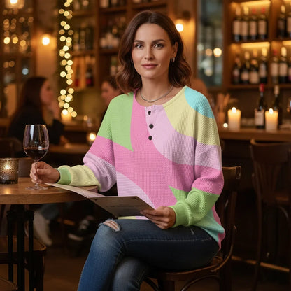 Women's ribbed knit crew neck sweater with colorblock design – Pink