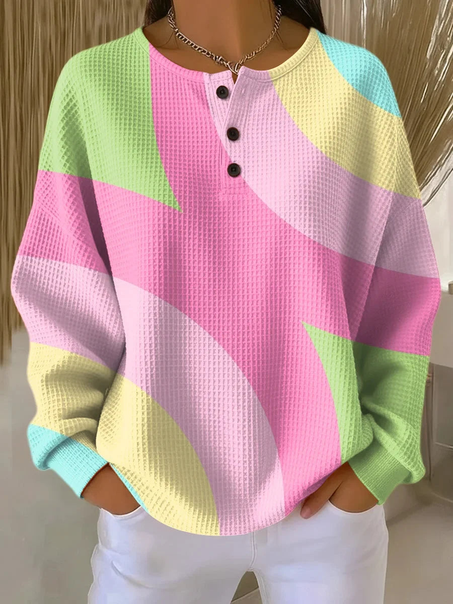 Women's ribbed knit crew neck sweater with colorblock design – Pink