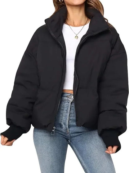 Women's cropped quilted puffer jacket with ribbed cuffs – Black