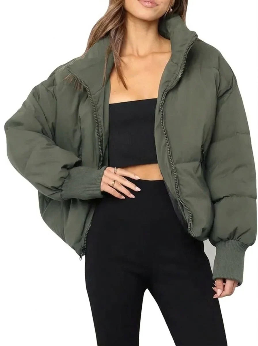 Women's cropped quilted puffer jacket with ribbed cuffs – Green