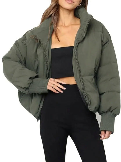 Women's cropped quilted puffer jacket with ribbed cuffs – Green