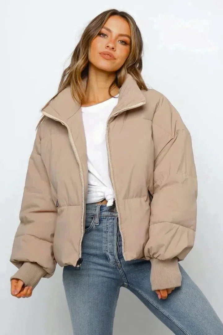 Women's cropped quilted puffer jacket with ribbed cuffs – Khaki