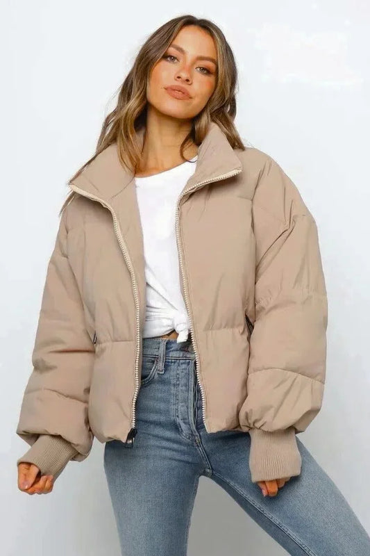 Women's cropped quilted puffer jacket with ribbed cuffs – Khaki
