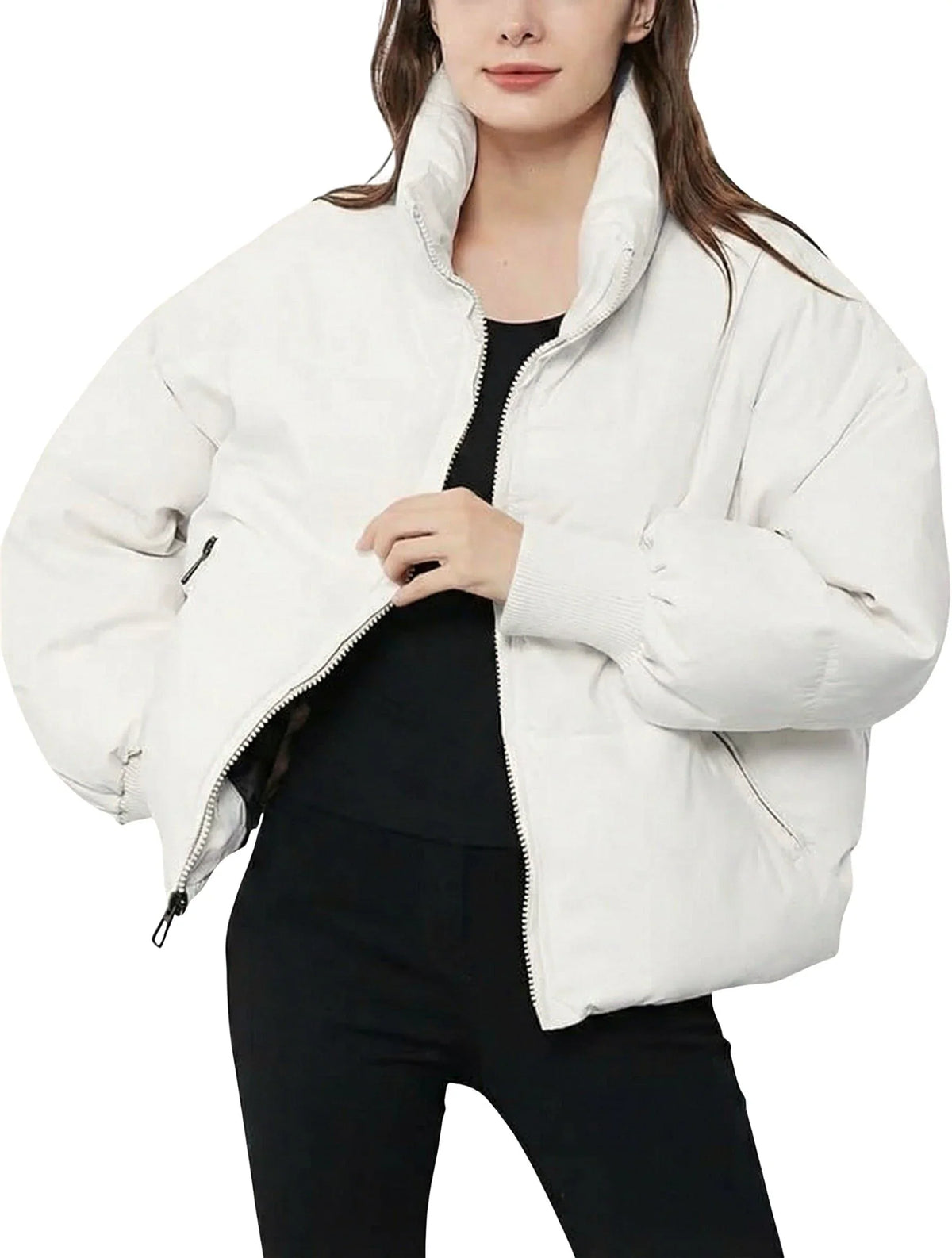 Women's cropped quilted puffer jacket with ribbed cuffs – White