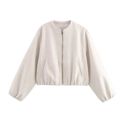 Women's cropped bomber jacket with elasticated hem and cuffs – Beige