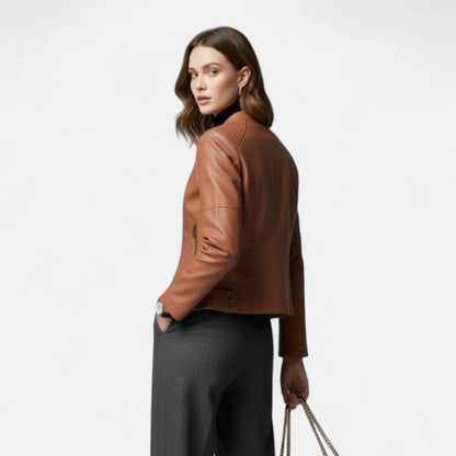 Women's cropped leather jacket with front zip closure