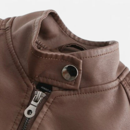 Women's cropped leather jacket with front zip closure