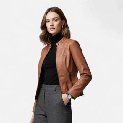 Women's cropped leather jacket with front zip closure