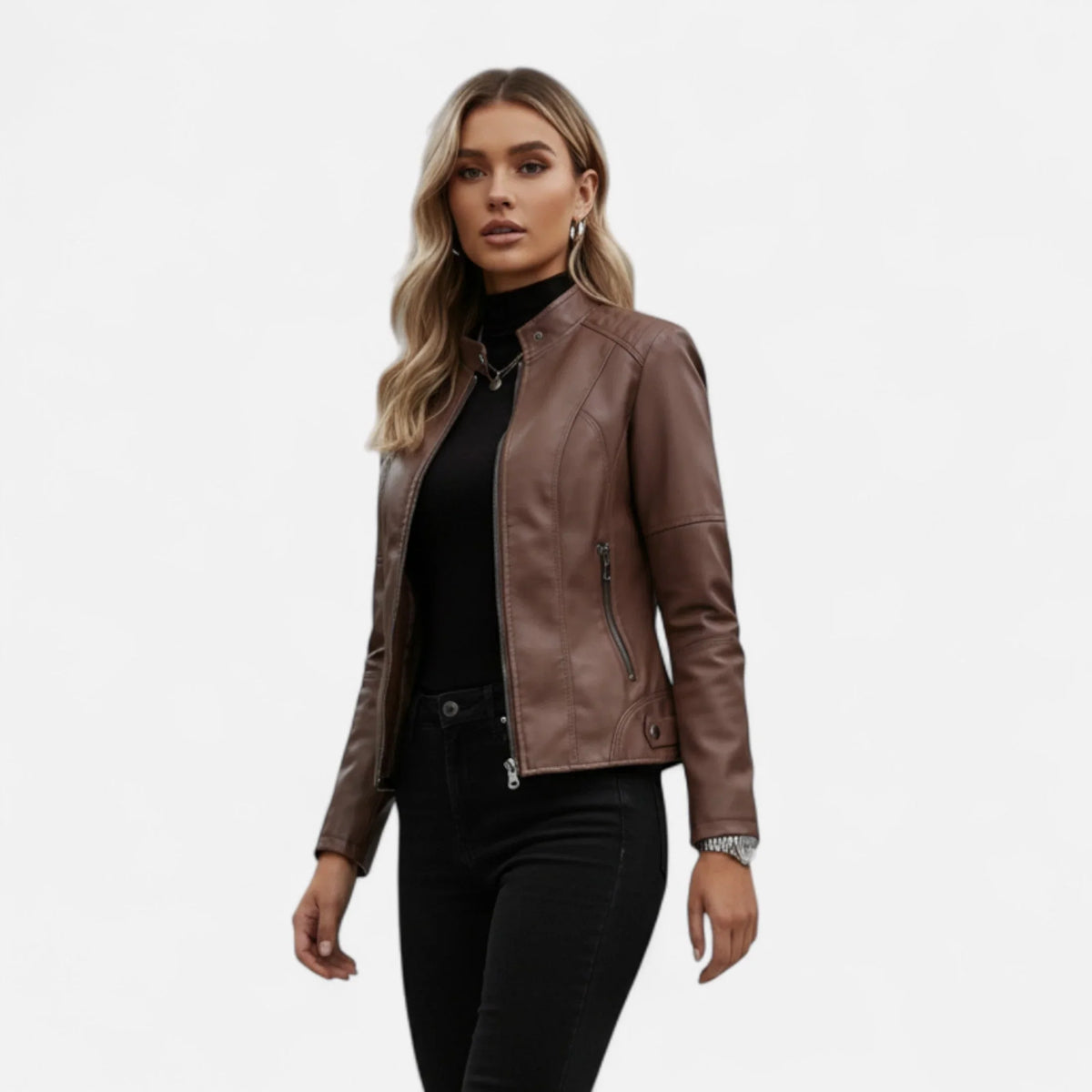Women's cropped leather jacket with front zip closure