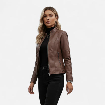 Women's cropped leather jacket with front zip closure