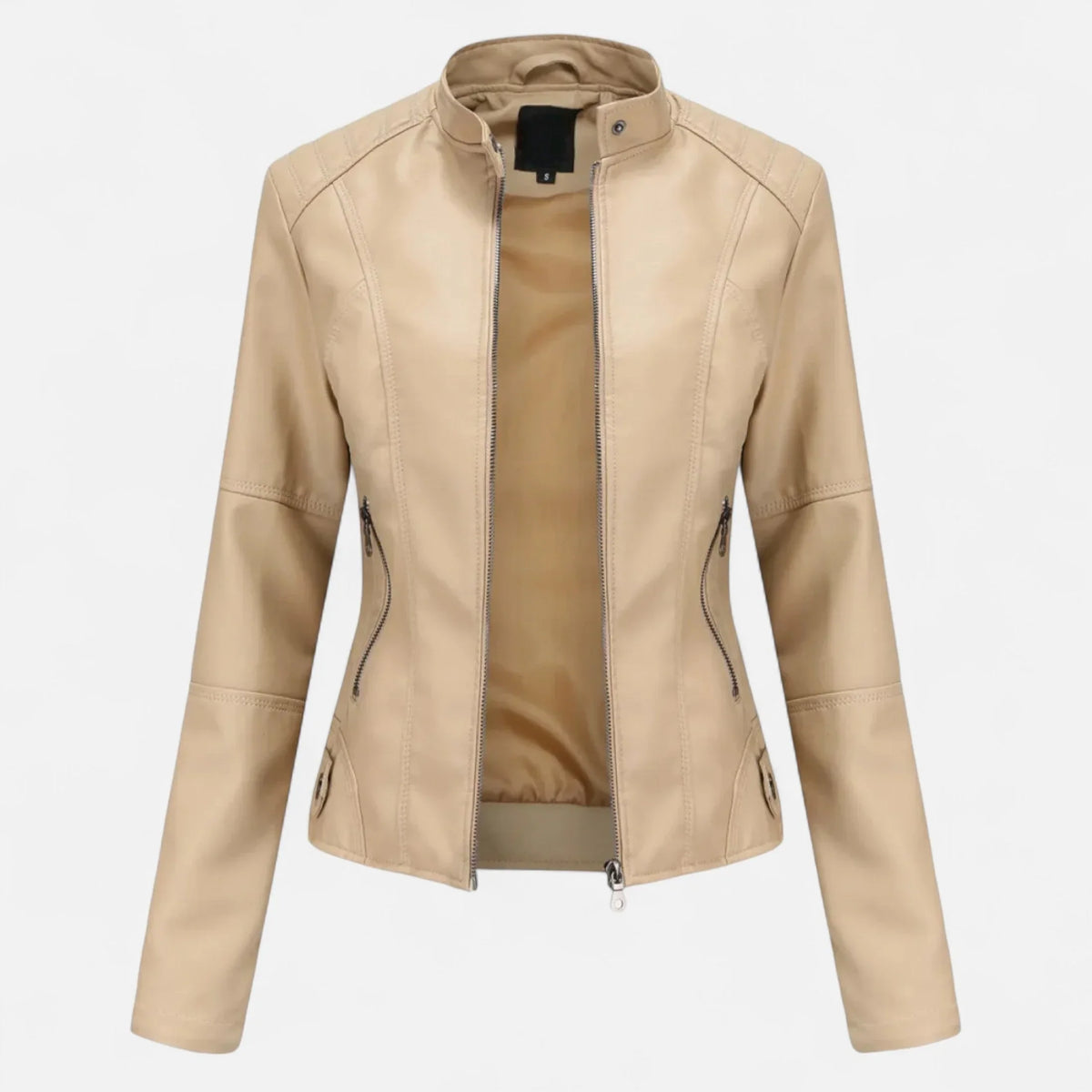Women's cropped leather jacket with front zip closure – Beige